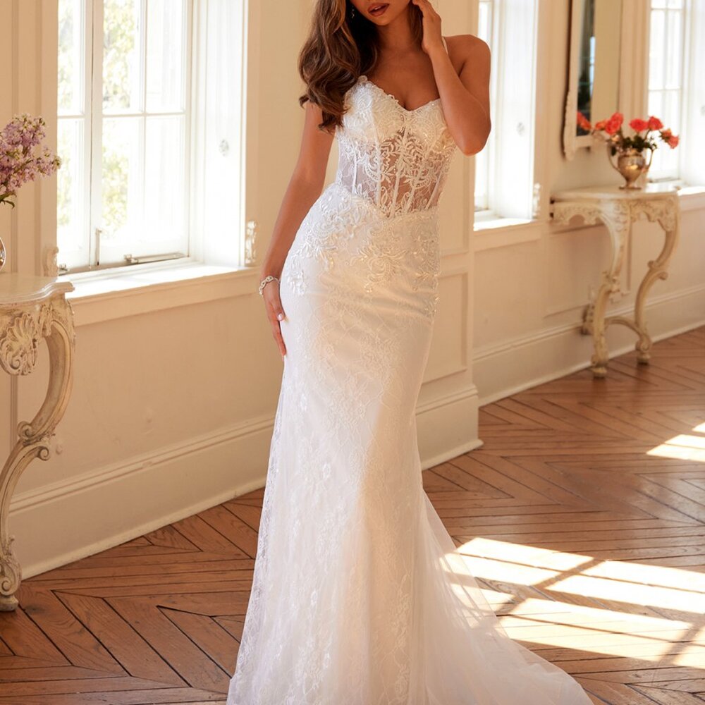 Off White wedding dress. Mermaid corset style lace up back bridal gown